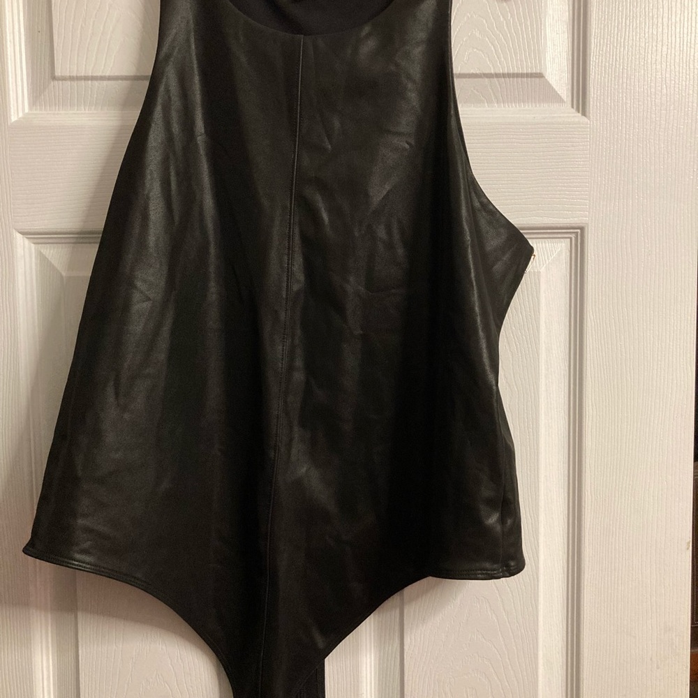 Good American Black Faux Leather Bodysuit